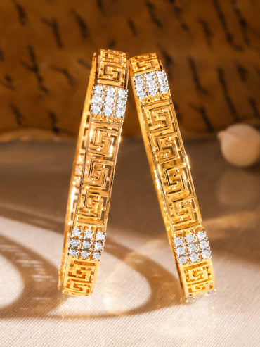 Rubans Set of 2, 22K Gold-Plated Greek Key Design & Cubic Zirconia Studded Handcrafted Bangles Bangles