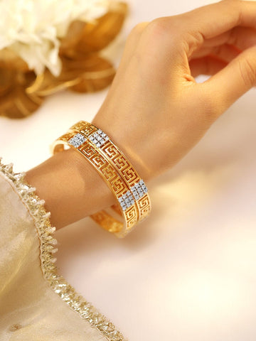 Rubans Set of 2, 22K Gold-Plated Greek Key Design & Cubic Zirconia Studded Handcrafted Bangles Bangles
