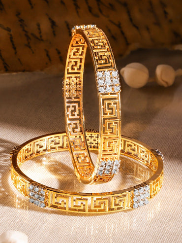 Rubans Set of 2, 22K Gold-Plated Greek Key Design & Cubic Zirconia Studded Handcrafted Bangles Bangles