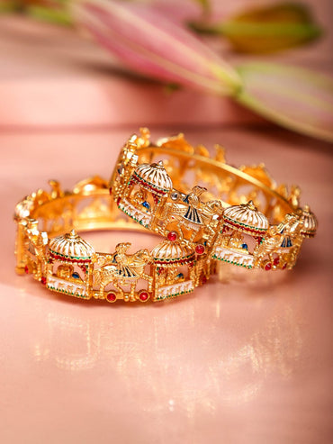 Rubans Set of 2 22K Gold Plated Handcrafted Bridal Bangles with Multicolor Enamel & Stones Bangle