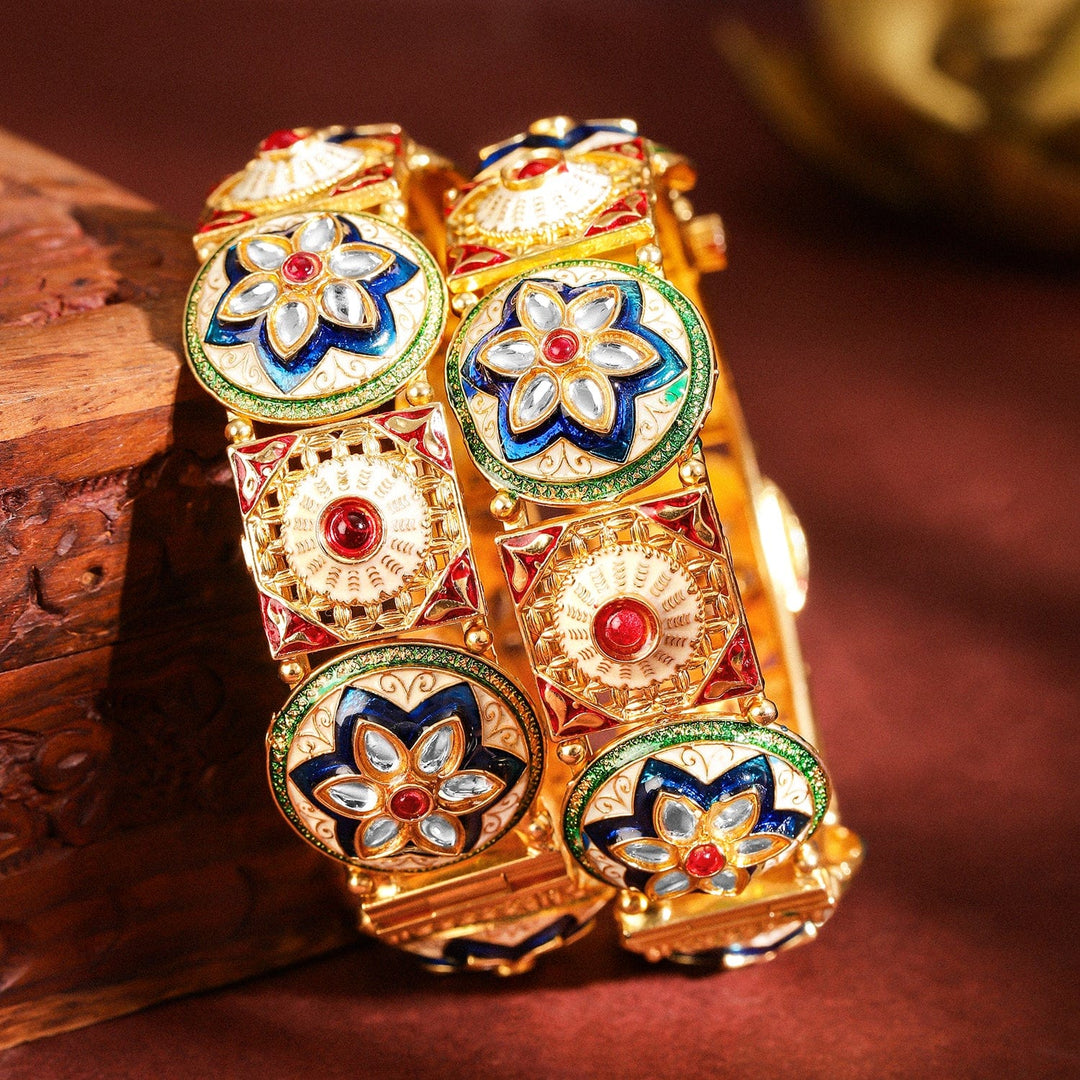 Rubans Set of 2, 22K Gold-Plated Handcrafted Traditional Bangles with Red Stones, Kundan, and Multicolor Enamel Work Bangles