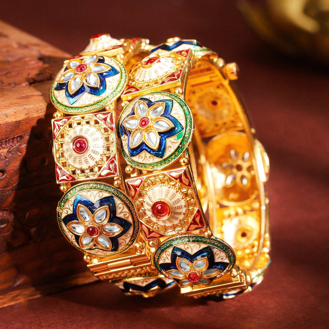 Rubans Set of 2, 22K Gold-Plated Handcrafted Traditional Bangles with Red Stones, Kundan, and Multicolor Enamel Work Bangles