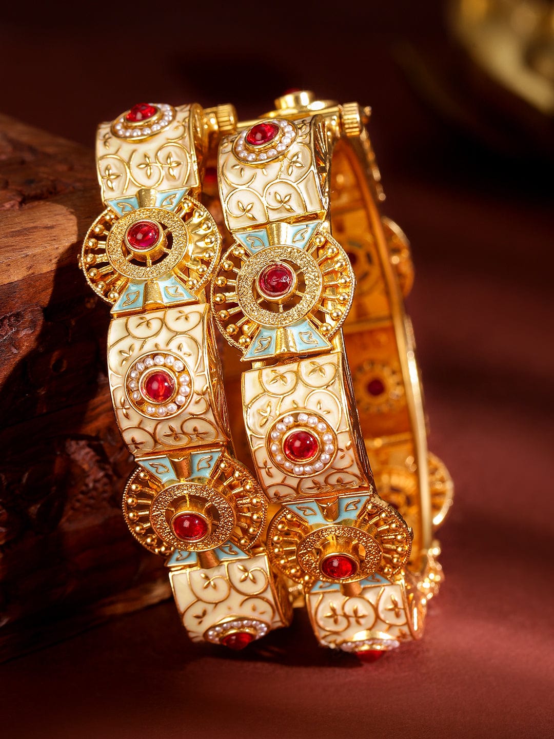 Rubans Set of 2, 22K Gold-Plated Handcrafted Traditional Bangles with Red Stones, Pearls, Blue & Peach Enamel Bangles