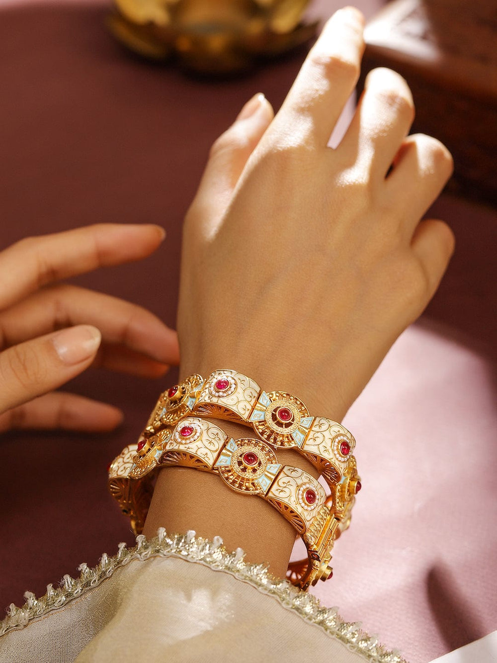 Rubans Set of 2, 22K Gold-Plated Handcrafted Traditional Bangles with Red Stones, Pearls, Blue & Peach Enamel Bangles