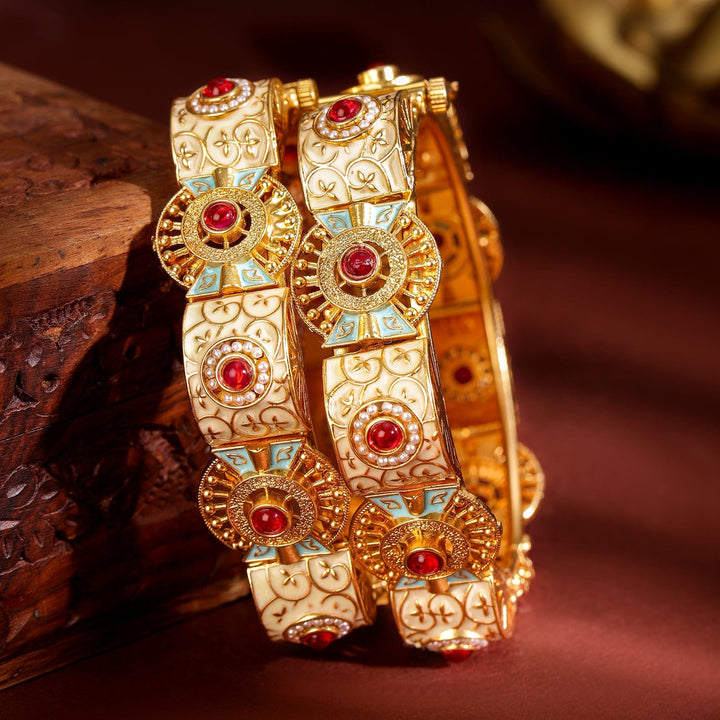 Rubans Set of 2, 22K Gold-Plated Handcrafted Traditional Bangles with Red Stones, Pearls, Blue & Peach Enamel Bangles