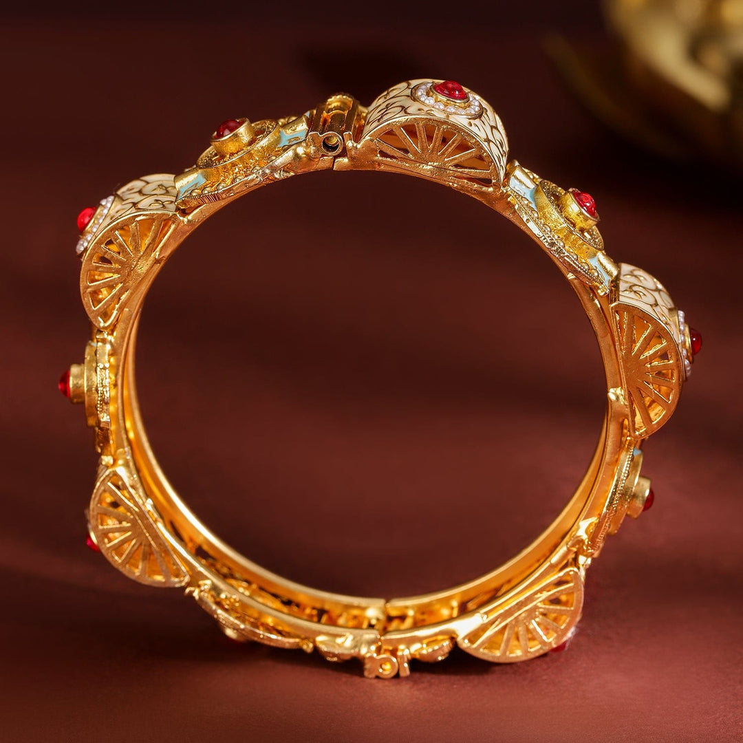 Rubans Set of 2, 22K Gold-Plated Handcrafted Traditional Bangles with Red Stones, Pearls, Blue & Peach Enamel Bangles