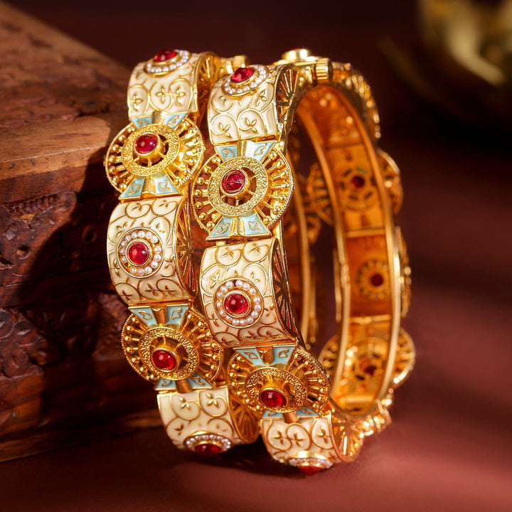 Rubans Set of 2, 22K Gold-Plated Handcrafted Traditional Bangles with Red Stones, Pearls, Blue & Peach Enamel Bangles