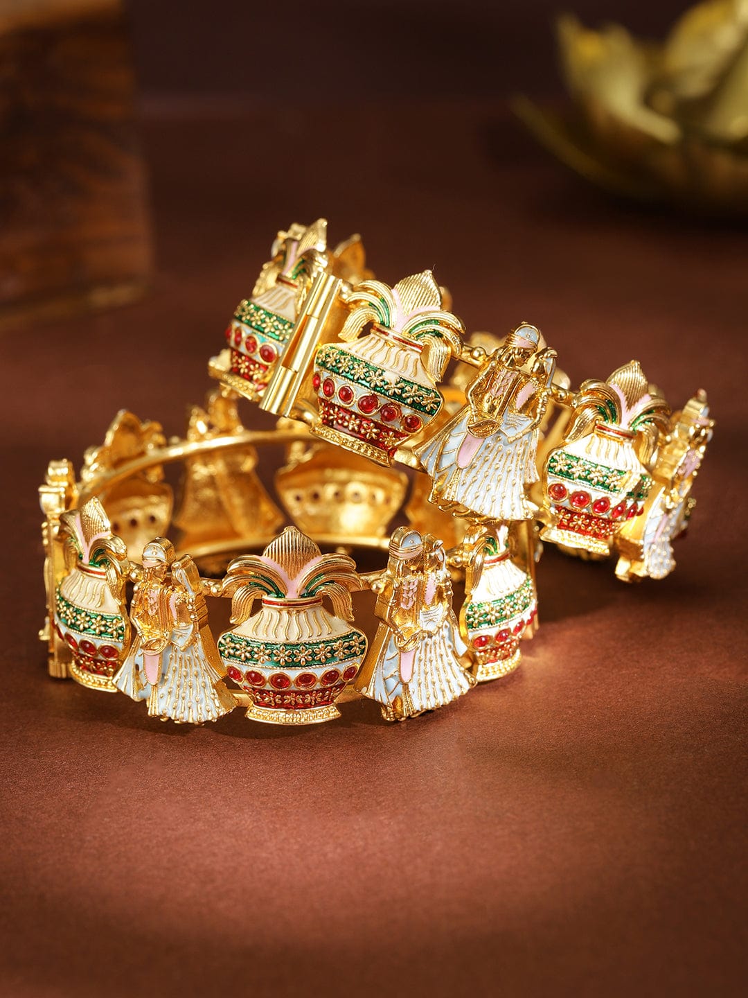 Rubans Set of 2, 22K Gold-Plated Handcrafted Traditional Bridal Bangles with Multicolor Enamel Work Bangles