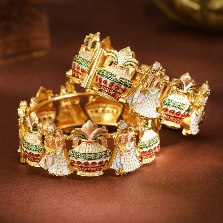 Rubans Set of 2, 22K Gold-Plated Handcrafted Traditional Bridal Bangles with Multicolor Enamel Work Bangles