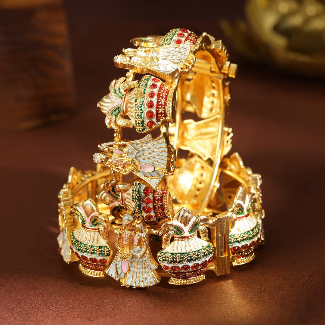 Rubans Set of 2, 22K Gold-Plated Handcrafted Traditional Bridal Bangles with Multicolor Enamel Work Bangles