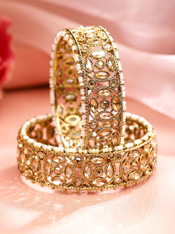 Rubans Set of 2, 22K Gold Plated Kundan & CZ Studded & Pearl Beaded Handcrafted Bangles Bangles & Bracelets