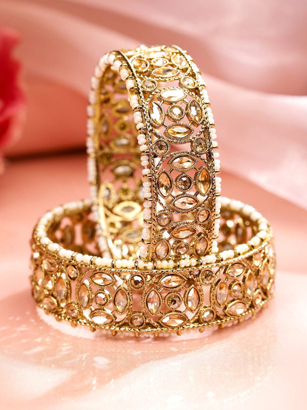 Rubans Set of 2, 22K Gold Plated Kundan & CZ Studded & Pearl Beaded Handcrafted Bangles Bangles & Bracelets