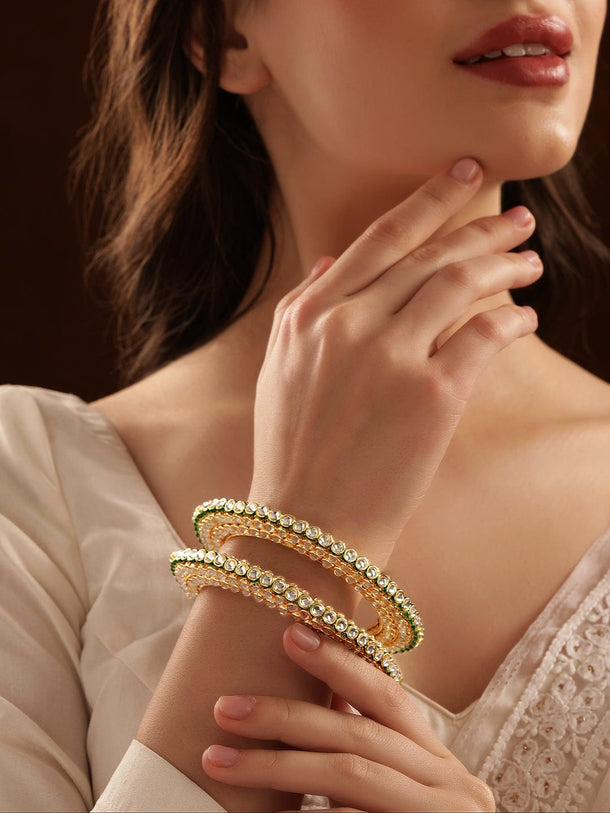 Rubans Set of 2 22K Gold-Plated Kundan Studed Handcrafted Bangles with Green Enamel Border Bangles & Bracelets