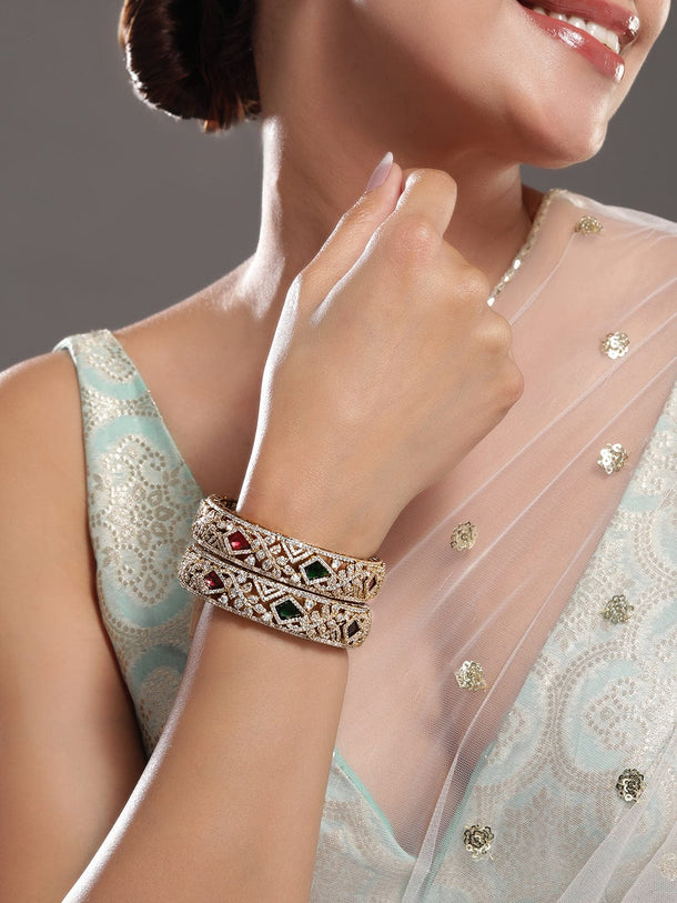 Rubans Set of 2, 22K Gold-Plated Multicolor AD & CubicZirconia Studded Traditional Bangles Bangles & Bracelets