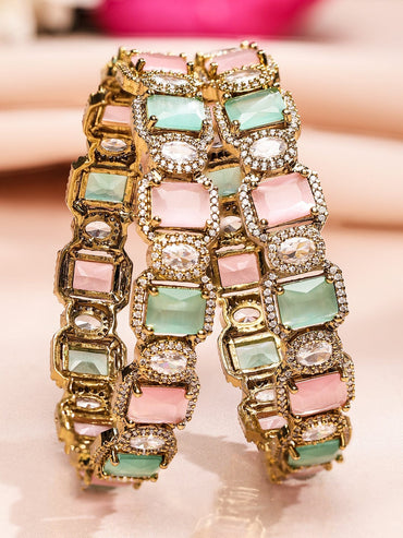 Rubans Set of 2 22K Gold-Plated Pastel Pink, Mint Green & White Cubic Zirconia Studded Premium Bangles Bangles & Bracelets
