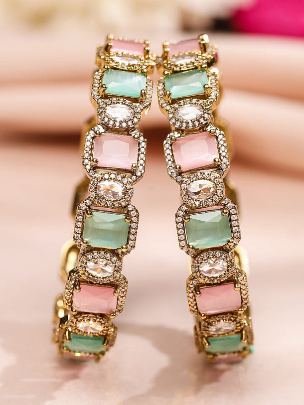 Rubans Set of 2 22K Gold-Plated Pastel Pink, Mint Green & White Cubic Zirconia Studded Premium Bangles Bangles & Bracelets