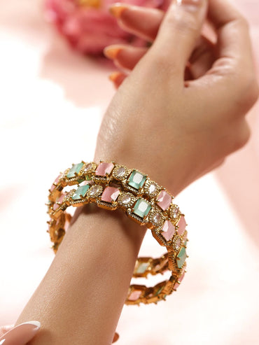 Rubans Set of 2 22K Gold-Plated Pastel Pink, Mint Green & White Cubic Zirconia Studded Premium Bangles Bangles & Bracelets