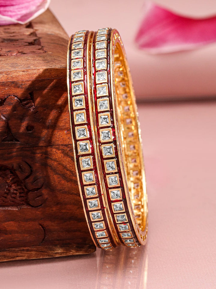 Rubans Set of 2 22K Gold-Plated Red-Border Square-Cut Cubic Zirconia Studded Bangles Bangles & Bracelets