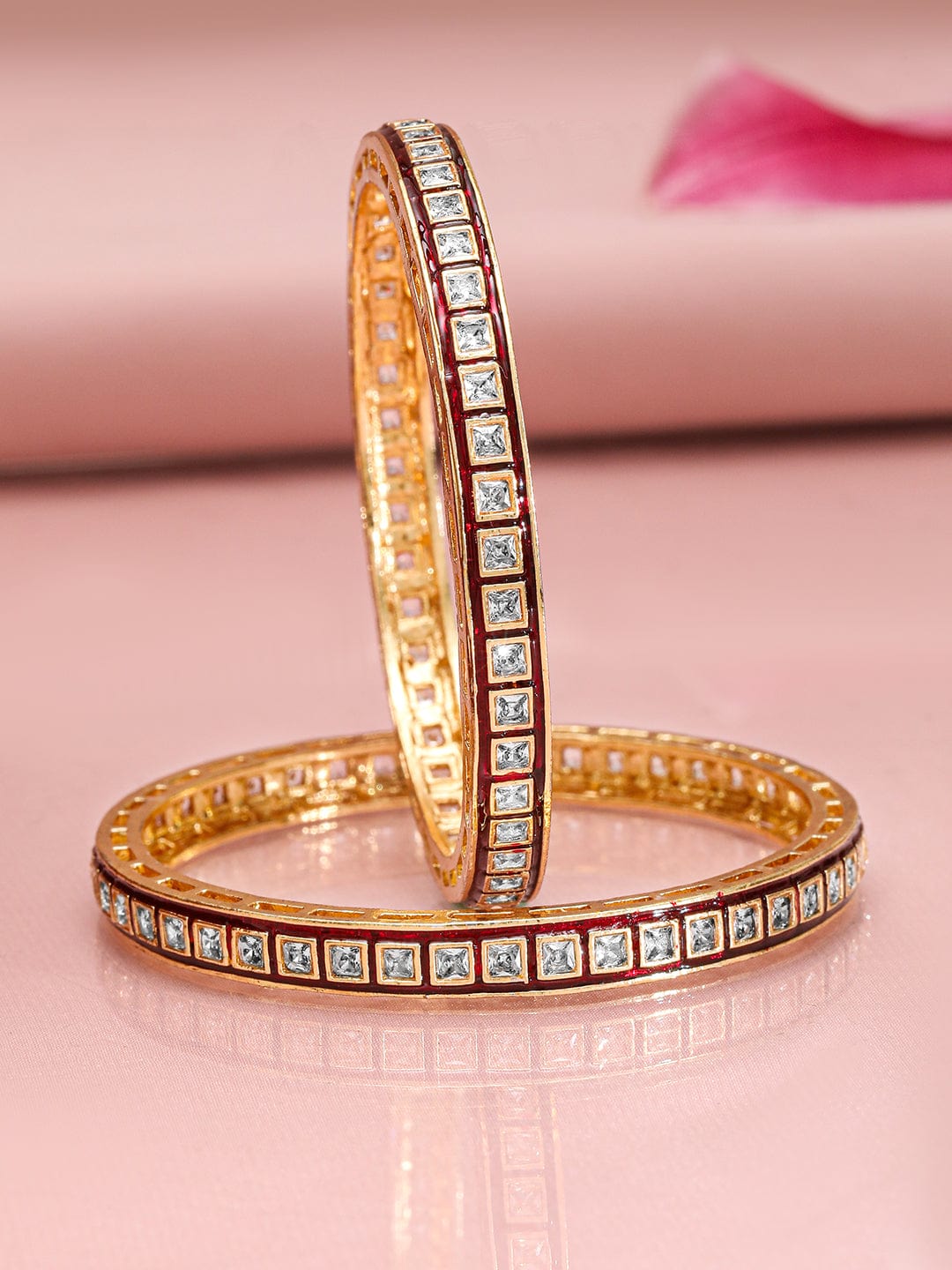 Rubans Set of 2, 22K Gold-Plated Red-Border Square-Cut White CubicZirconia Studded Bangles Bangles & Bracelets