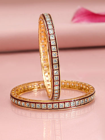 Rubans Set of 2, 22K Gold-Plated Red-Border Square-Cut White CubicZirconia Studded Bangles Bangles & Bracelets