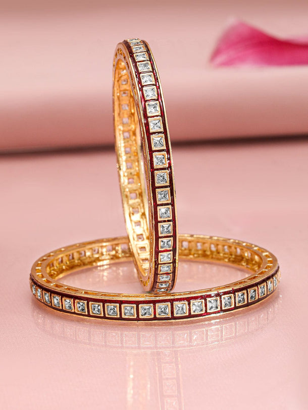 Rubans Set of 2, 22K Gold-Plated Red-Border Square-Cut White CubicZirconia Studded Bangles Bangles & Bracelets