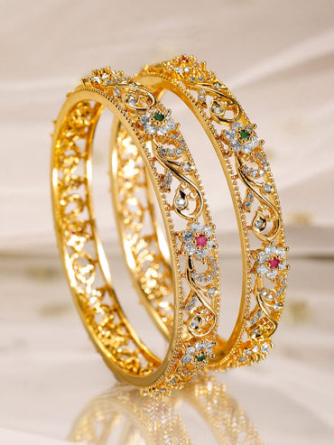 Rubans Set of 2, 22K Gold-Plated Ruby, Emerald & Cubic Zirconia Studded Handcrafted Bangles Bangles