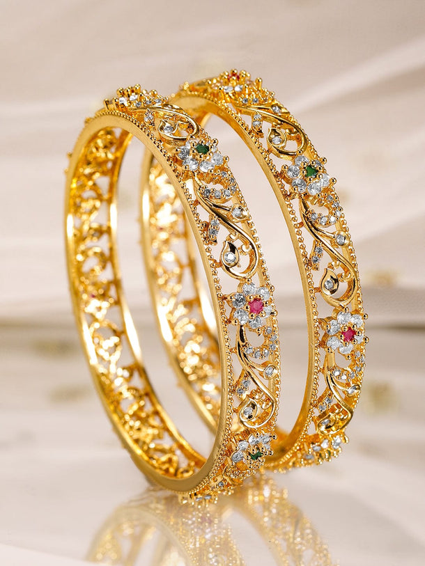 Rubans Set of 2, 22K Gold-Plated Ruby, Emerald & Cubic Zirconia Studded Handcrafted Bangles Bangles