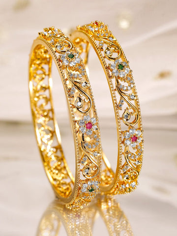 Rubans Set of 2, 22K Gold-Plated Ruby, Emerald & Cubic Zirconia Studded Handcrafted Bangles Bangles