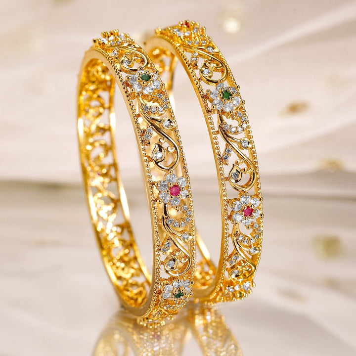 Rubans Set of 2, 22K Gold-Plated Ruby, Emerald & Cubic Zirconia Studded Handcrafted Bangles Bangles