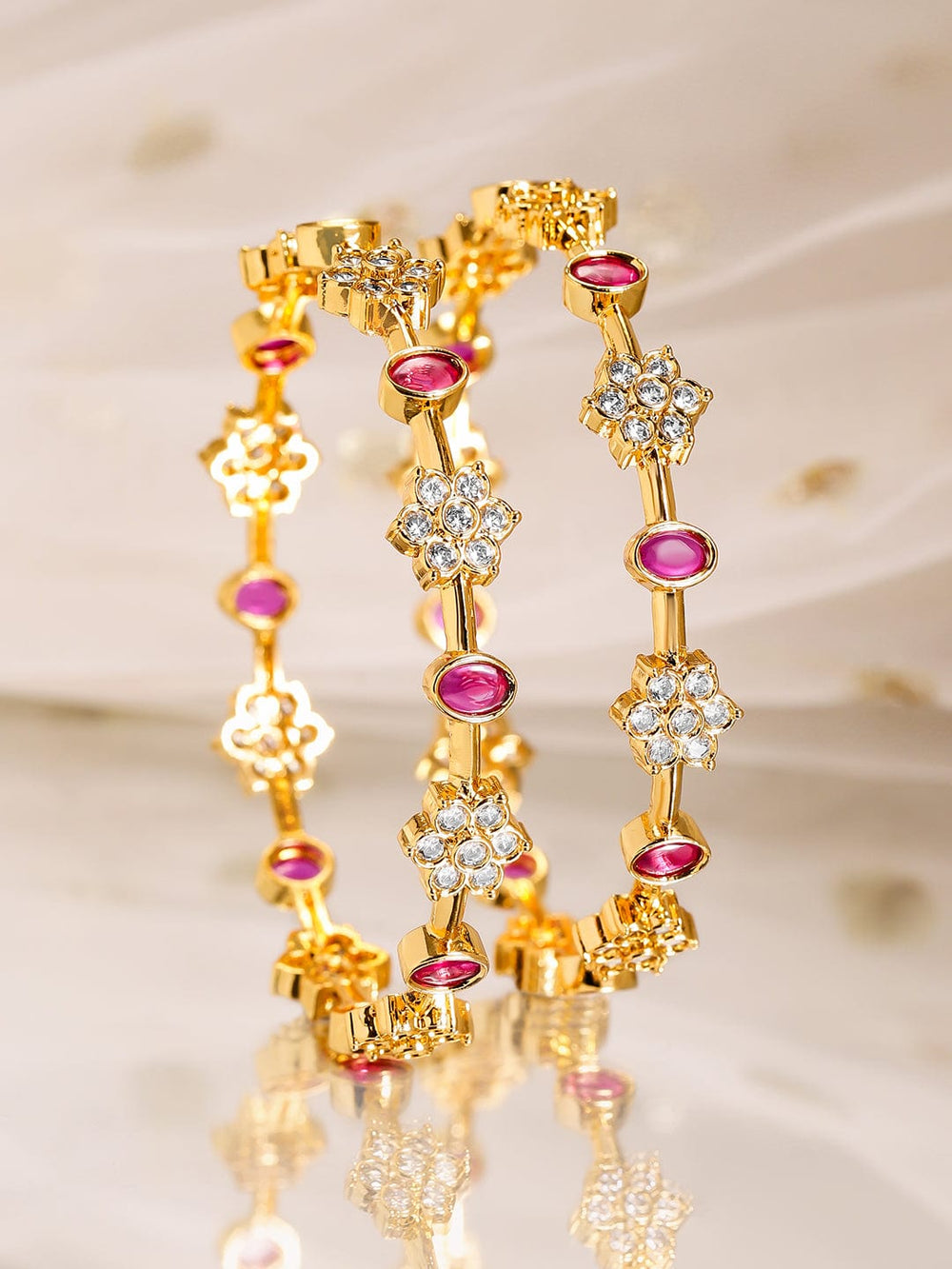 Rubans Set of 2, 22K Gold-Plated Ruby Pink & Cubic Zirconia Studded Handcrafted Bangles Bangles