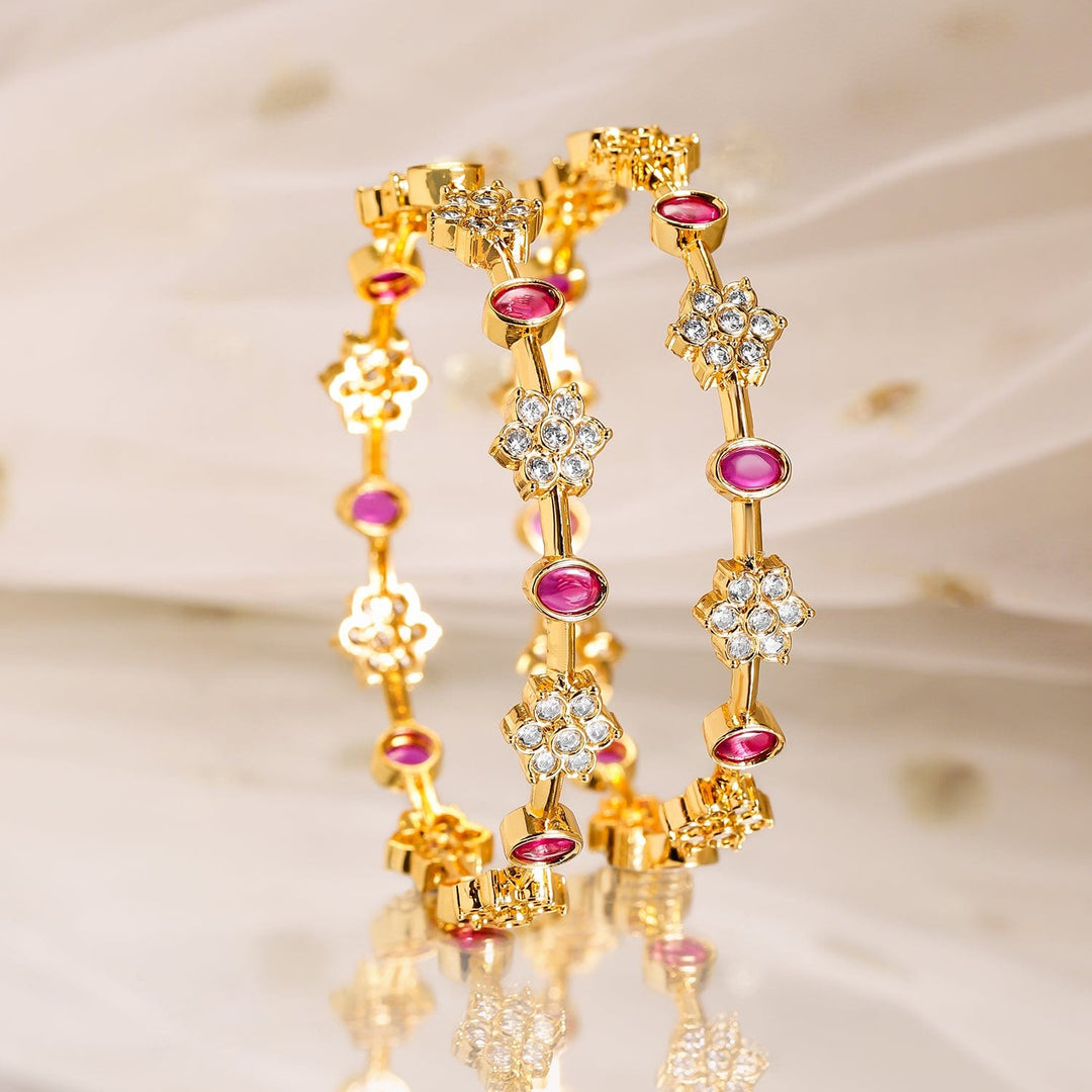 Rubans Set of 2, 22K Gold-Plated Ruby Pink & Cubic Zirconia Studded Handcrafted Bangles Bangles