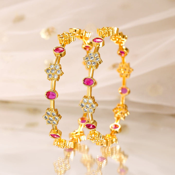 Rubans Set of 2, 22K Gold-Plated Ruby Pink & Cubic Zirconia Studded Handcrafted Bangles Bangles