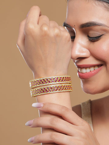 Rubans Set of 2 22K Gold-Plated Ruby Pink & Cubic Zirconia Studded Traditional Bangles Bangles & Bracelets