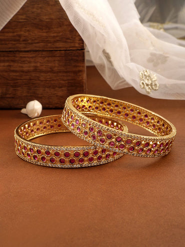 Rubans Set of 2 22K Gold-Plated Ruby Pink & Cubic Zirconia Studded Traditional Bangles Bangles & Bracelets