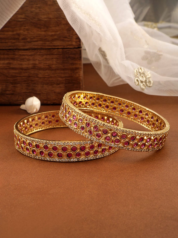 Rubans Set of 2 22K Gold-Plated Ruby Pink & Cubic Zirconia Studded Traditional Bangles Bangles & Bracelets