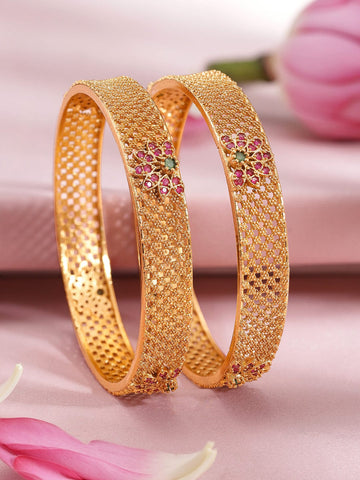 Rubans Set of 2 22K Gold Plated Ruby Pink & Emerald Green Stone Studded Bangles Bangles & Bracelets