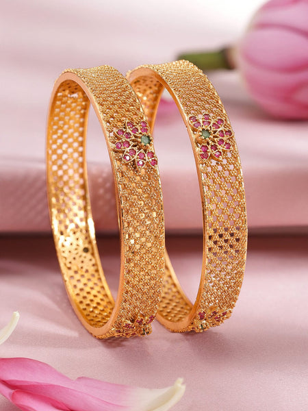 Rubans Set of 2 22K Gold Plated Ruby Pink & Emerald Green Stone Studded Bangles Bangles & Bracelets