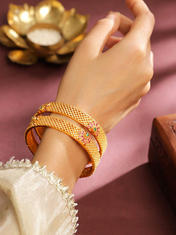 Rubans Set of 2 22K Gold Plated Ruby Pink & Emerald Green Stone Studded Bangles Bangles & Bracelets