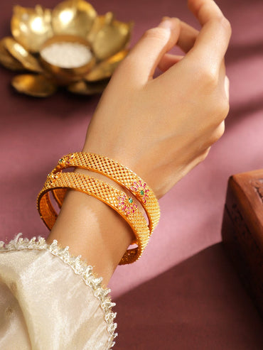 Rubans Set of 2 22K Gold Plated Ruby Pink & Emerald Green Stone Studded Bangles Bangles & Bracelets