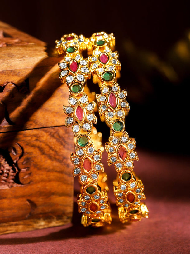 Rubans Set of 2, 22K Gold-Plated Ruby Pink & Emerald Green Stone Studded Handcrafted Bangles Bangles & Bracelet
