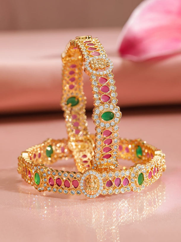 Rubans Set of 2, 22K Gold-Plated Ruby Pink & Emerald Stone Studded Traditional Bangles Bangles & Bracelets