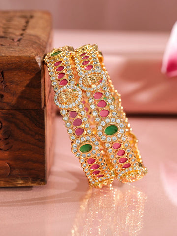 Rubans Set of 2, 22K Gold-Plated Ruby Pink & Emerald Stone Studded Traditional Bangles Bangles & Bracelets