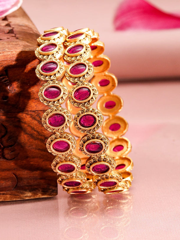 Rubans Set of 2, 22K Gold-Plated Ruby Pink Stone Studded Traditional Bangles Bangles & Bracelets