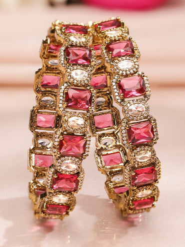Rubans Set of 2 22K Gold-Plated Ruby Pink & White Cubic Zirconia Studded Premium Bangles Bangles & Bracelets