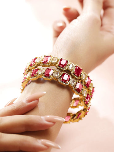 Rubans Set of 2 22K Gold-Plated Ruby Pink & White Cubic Zirconia Studded Premium Bangles Bangles & Bracelets