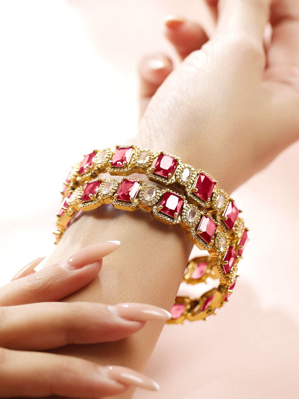 Rubans Set of 2 22K Gold-Plated Ruby Pink & White Cubic Zirconia Studded Premium Bangles Bangles & Bracelets