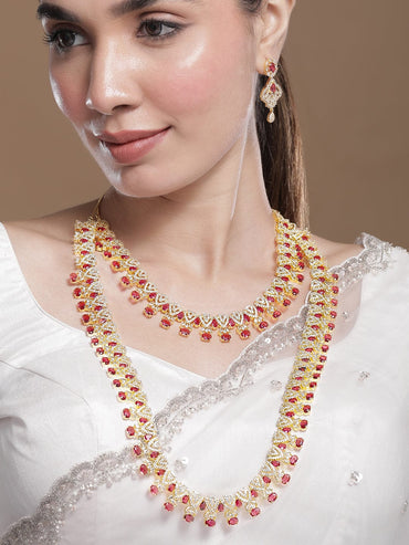 Rubans Set of 2, 22K Gold Plated Ruby Red & Cubic Zirconia Studded Traditional Jewelry Set Jewellery Set