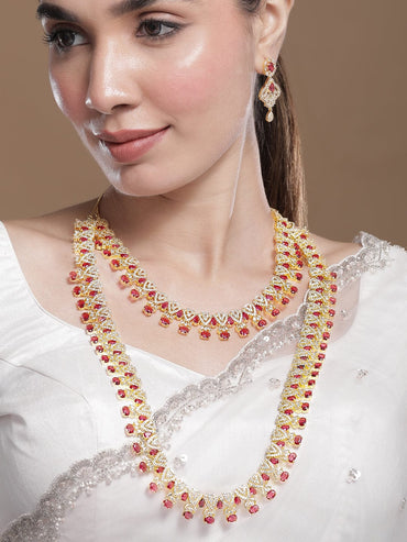 Rubans Set of 2, 22K Gold Plated Ruby Red & Cubic Zirconia Studded Traditional Jewelry Set Jewellery Set