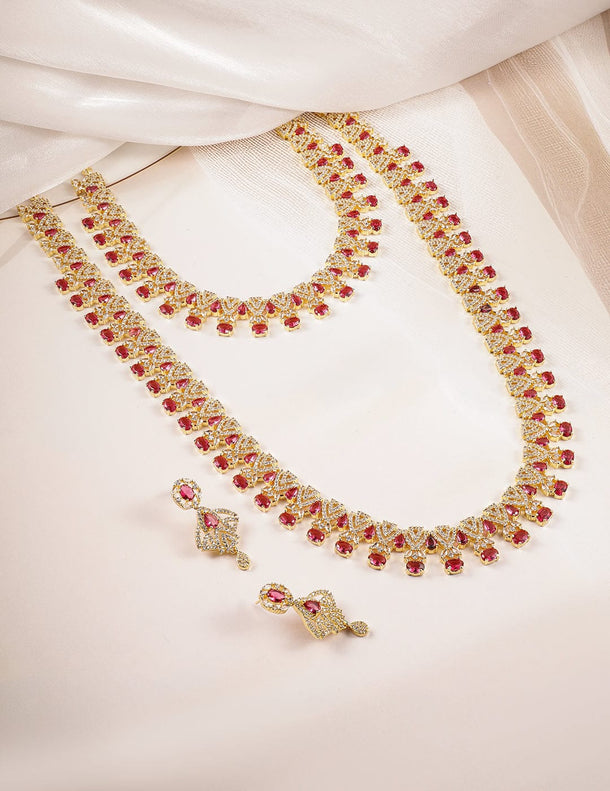 Rubans Set of 2, 22K Gold Plated Ruby Red & Cubic Zirconia Studded Traditional Jewelry Set Jewellery Set