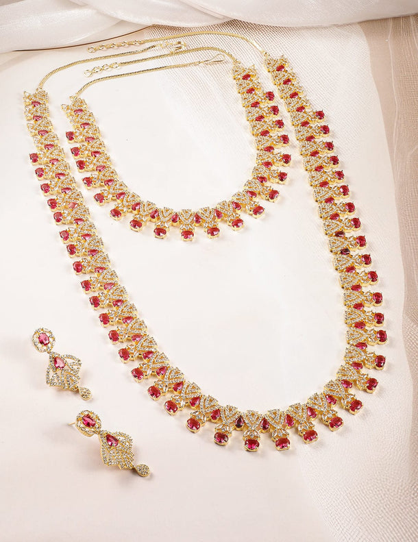 Rubans Set of 2, 22K Gold Plated Ruby Red & Cubic Zirconia Studded Traditional Jewelry Set Jewellery Set